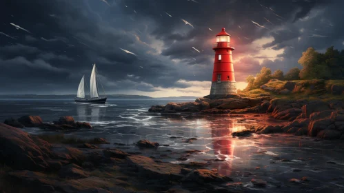 Lighthouse Painting on Rocky Coast