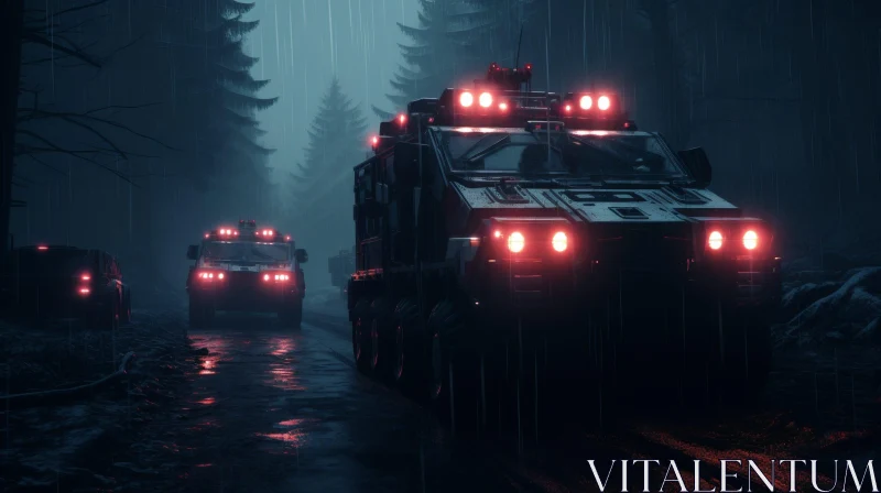 Military Convoy in Dark Rainy Forest AI Image