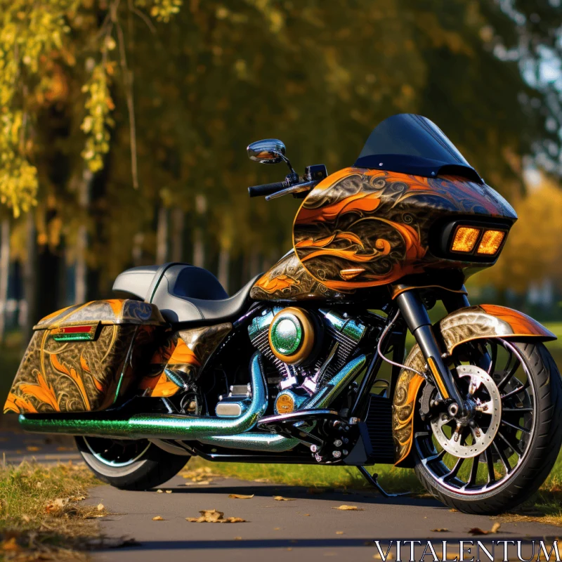 Orange and Black Motorcycle Parked Next to Tree - Detailed Feather Rendering AI Image