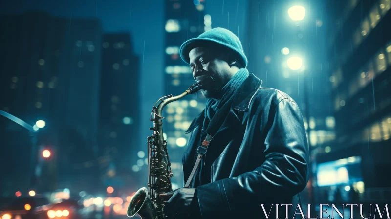 Street Musician Playing Saxophone in Rainy Night AI Image