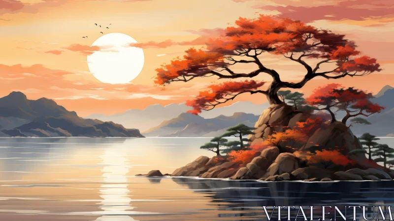 Tranquil Nature Painting with Orange Tree by the Lake AI Image