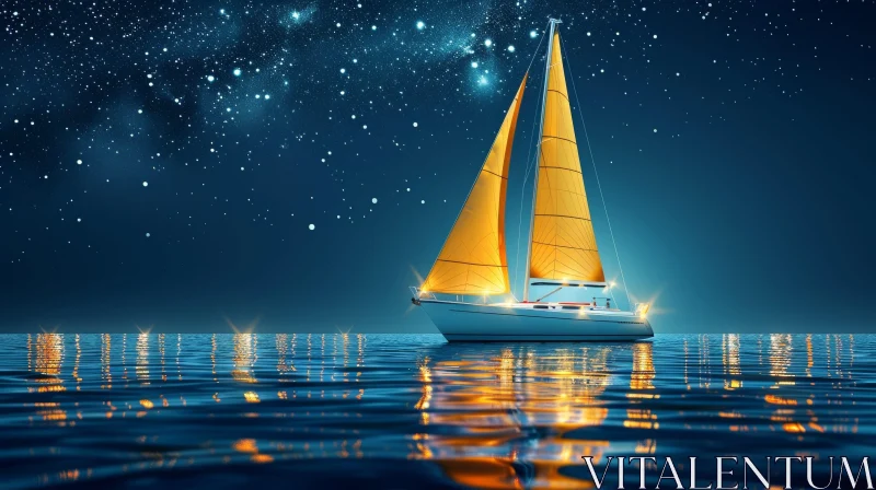 AI ART Tranquil Night Seascape with Sailboat and Stars