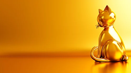 Golden Cat 3D Rendering on Glossy Floor