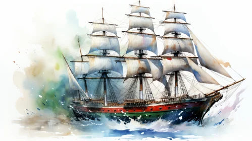 Majestic Tall Ship Watercolor Painting