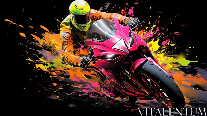AI ART Man Riding Pink Motorcycle with Colorful Paint Splash