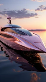 Sleek Futuristic Yacht in Calm Sea at Sunset