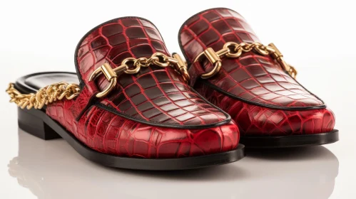 Stylish Red Leather Mules with Gold Chain Detail