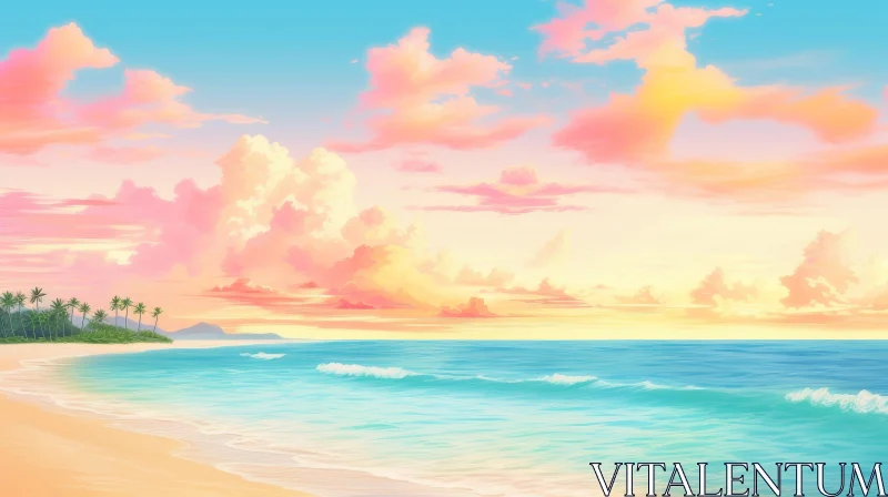AI ART Tranquil Beach Scene with Colorful Sky and Ocean Waves