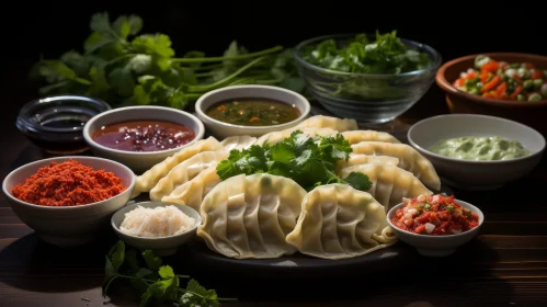 Delicious Dumplings with Dipping Sauces on Dark Plate