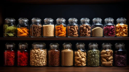 Exquisite Culinary Display of Diverse Spices in Glass Jars