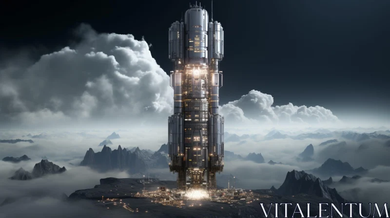 Futuristic Metal Tower in Science Fiction Scene AI Image