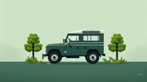 Green Land Rover Driving in Lush Countryside - Flat Illustration