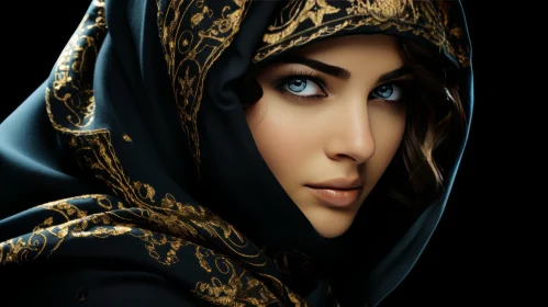 Serious Young Woman in Black Hijab with Blue Eyes