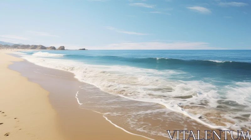 Tranquil Beach Scene: White Sand, Blue Water, Green Hills AI Image