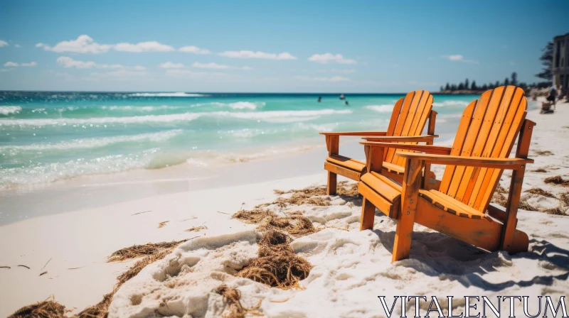 Tranquil Beach Scene with Wooden Lounge Chairs AI Image