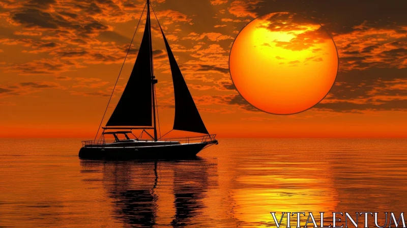 AI ART Tranquil Ocean Sunset with Sailboat Silhouette