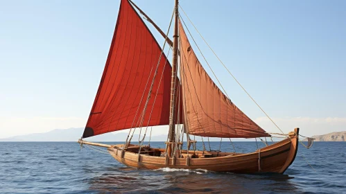 Wooden Sailing Boat with Red Sails in Blue Waters
