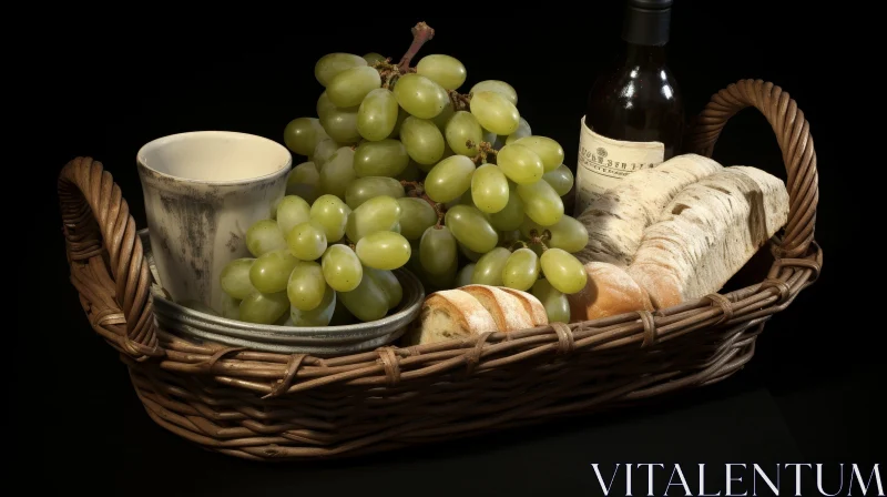 Elegant Still Life with Grapes, Bread, and Wine AI Image