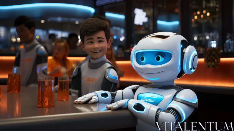 Futuristic Bar Scene with Human and Robot AI Image