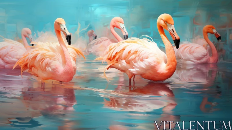 AI ART Graceful Pink Flamingos in Serene Blue Lake