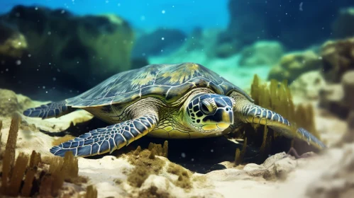 Graceful Sea Turtle Swimming in Blue Ocean