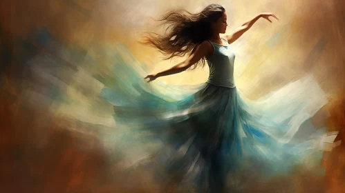 Graceful Woman Dancing in Blue Dress | Art Painting