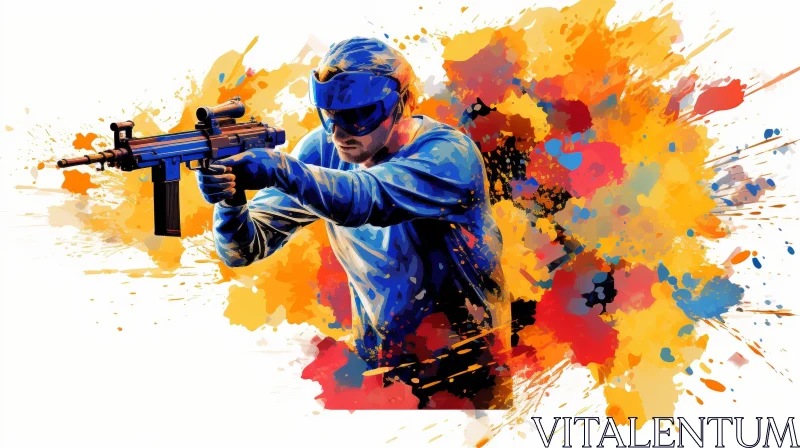 AI ART Intense Paintball Action: Man in Protective Gear Takes Aim
