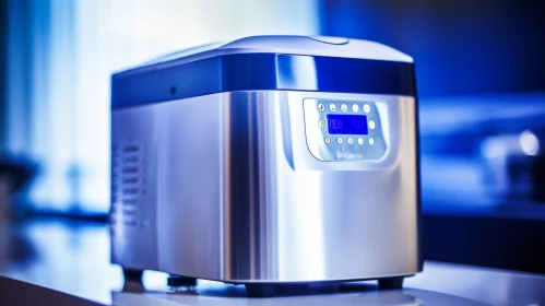 Modern Stainless Steel Ice Maker with Blue Control Panel