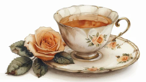 Realistic Watercolor Painting of Teacup and Rose