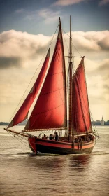 Red Sails Sailing Ship on Calm Waters