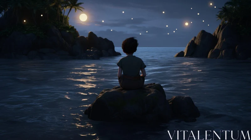 AI ART Serene Night Scene with Boy by the Sea