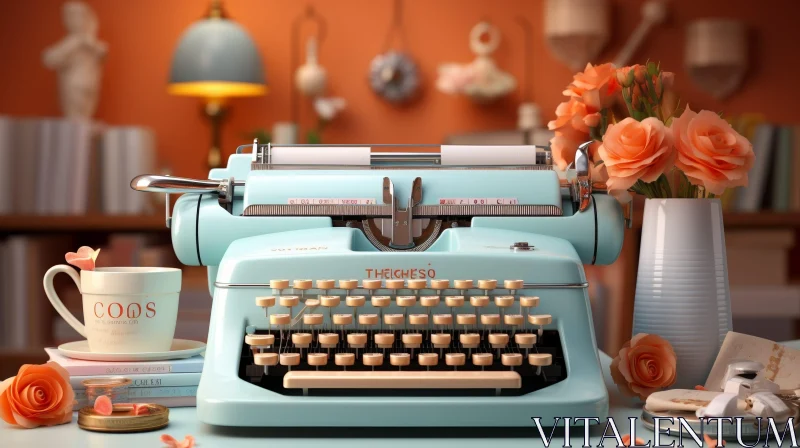 Vintage Blue Typewriter with Orange Roses and Tea AI Image