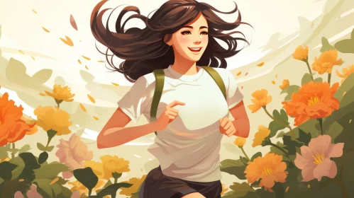 Young Woman Running in Flower Field Illustration