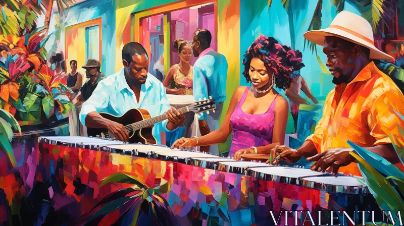 AI ART Caribbean Street Scene with Steel Drum Band and Tropical Fruits