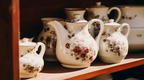 Charming Ceramic Teapots and Jugs Displayed on Wooden Shelf