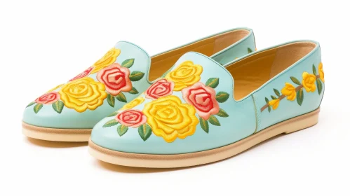 Colorful Floral Embroidered Blue Leather Shoes