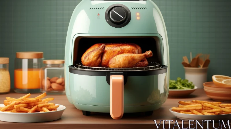 AI ART Delicious Roasted Chicken and French Fries in Green Air Fryer