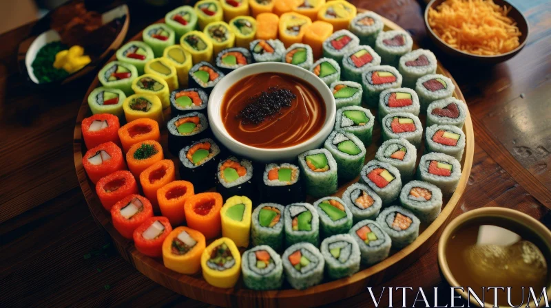 Delicious Sushi Platter on Wooden Plate AI Image