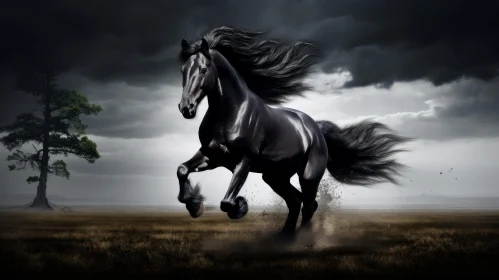 Majestic Black Horse Galloping in Field