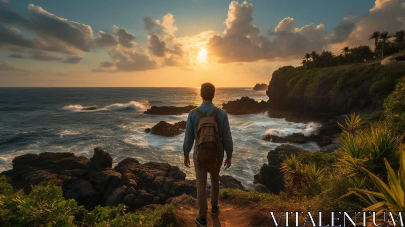 Man on Rocky Cliff Watching Ocean at Sunset AI Image