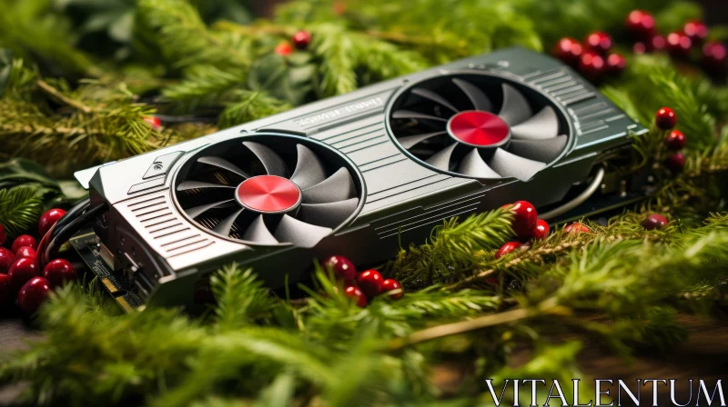 AI ART Modern Graphics Card with Red Fans on Green Spruce Branches