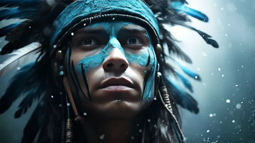 Native American Man Portrait with Blue Face Paint and Feathered Headdress