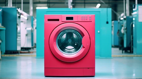Red Washing Machine in Blue Room