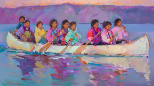 Serene Lake Scene with Young Girls in Canoe