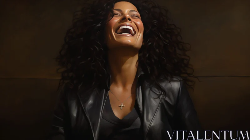 Smiling Woman Portrait in Black Jacket AI Image