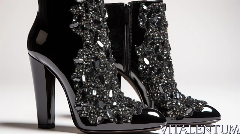 AI ART Stylish Black Leather High-Heeled Boots with Crystal Embellishments