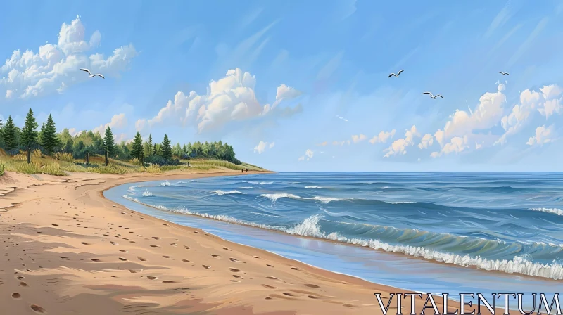 AI ART Tranquil Beach Landscape: Blue Sky, White Clouds, Serene Waves