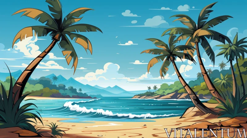 AI ART Tranquil Beach Scene with Palm Trees and Clear Water