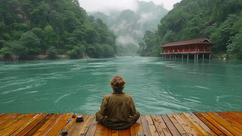 Tranquil Scene: Person by River in Mountains