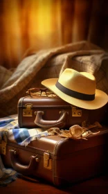 Vintage Brown Suitcase with Straw Hat and Glasses